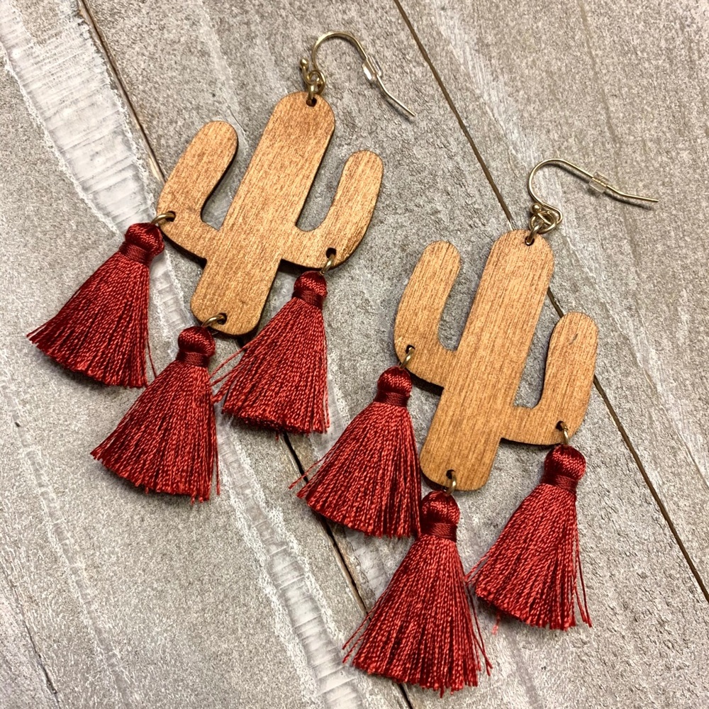 Cactus Tassel Earrings - Maroon